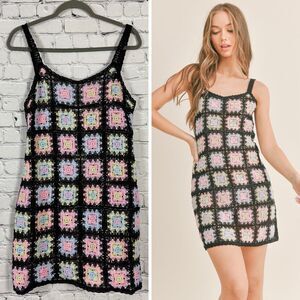NWT Mable Marlowe Crochet Mini Dress Womens M Granny Square Boho Coastal Unlined